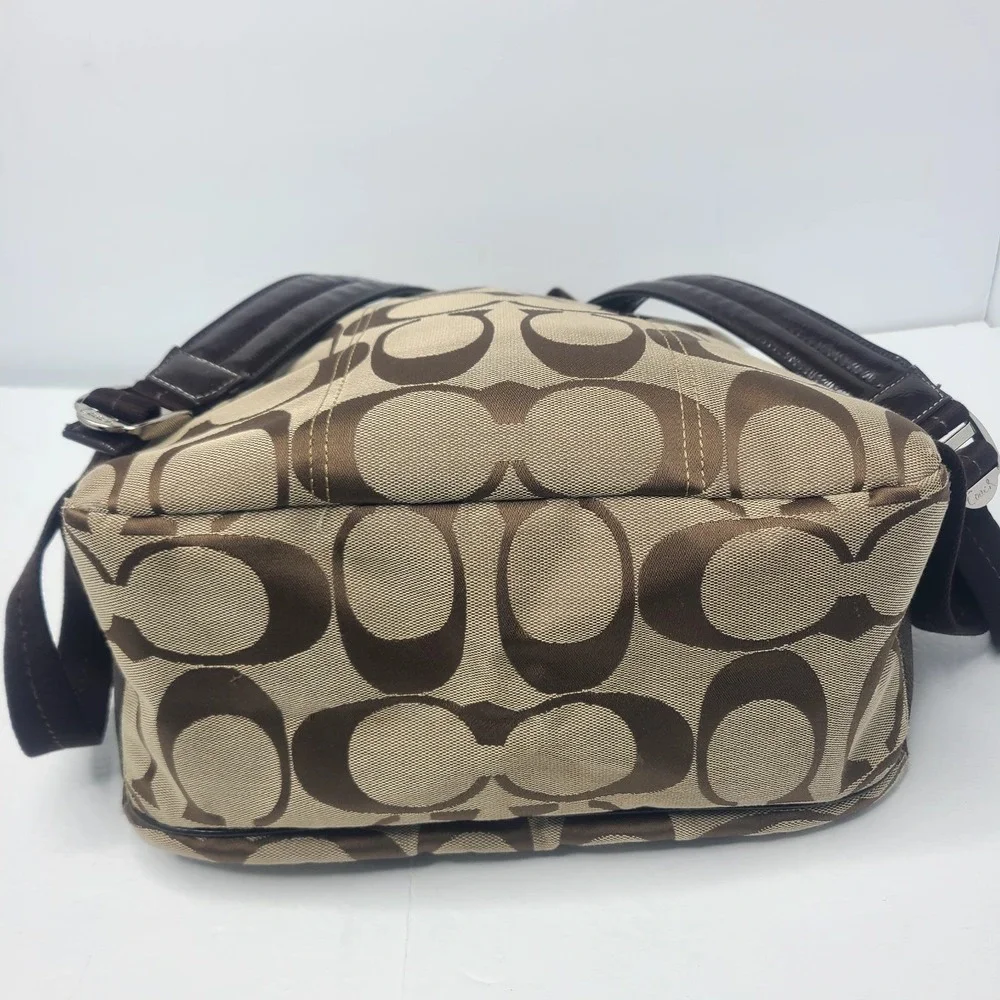 Coach Signature Logo Jaqaurd Fabric Tan And Brown‎ Stripe Backpack